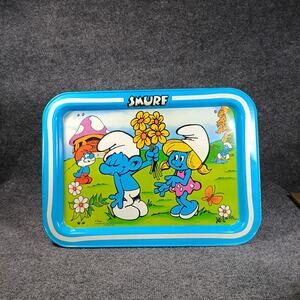 Vintage Smurf Lap Tray Folding Metal Legs Peyo TV Snack Tray
